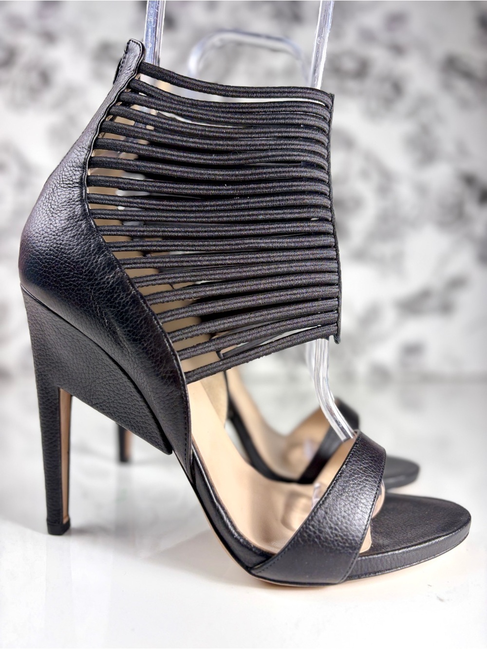 Nicholas Kirkwood Black Pebble Leather & Elastic Cage Open Toe Sandal, Sz 39